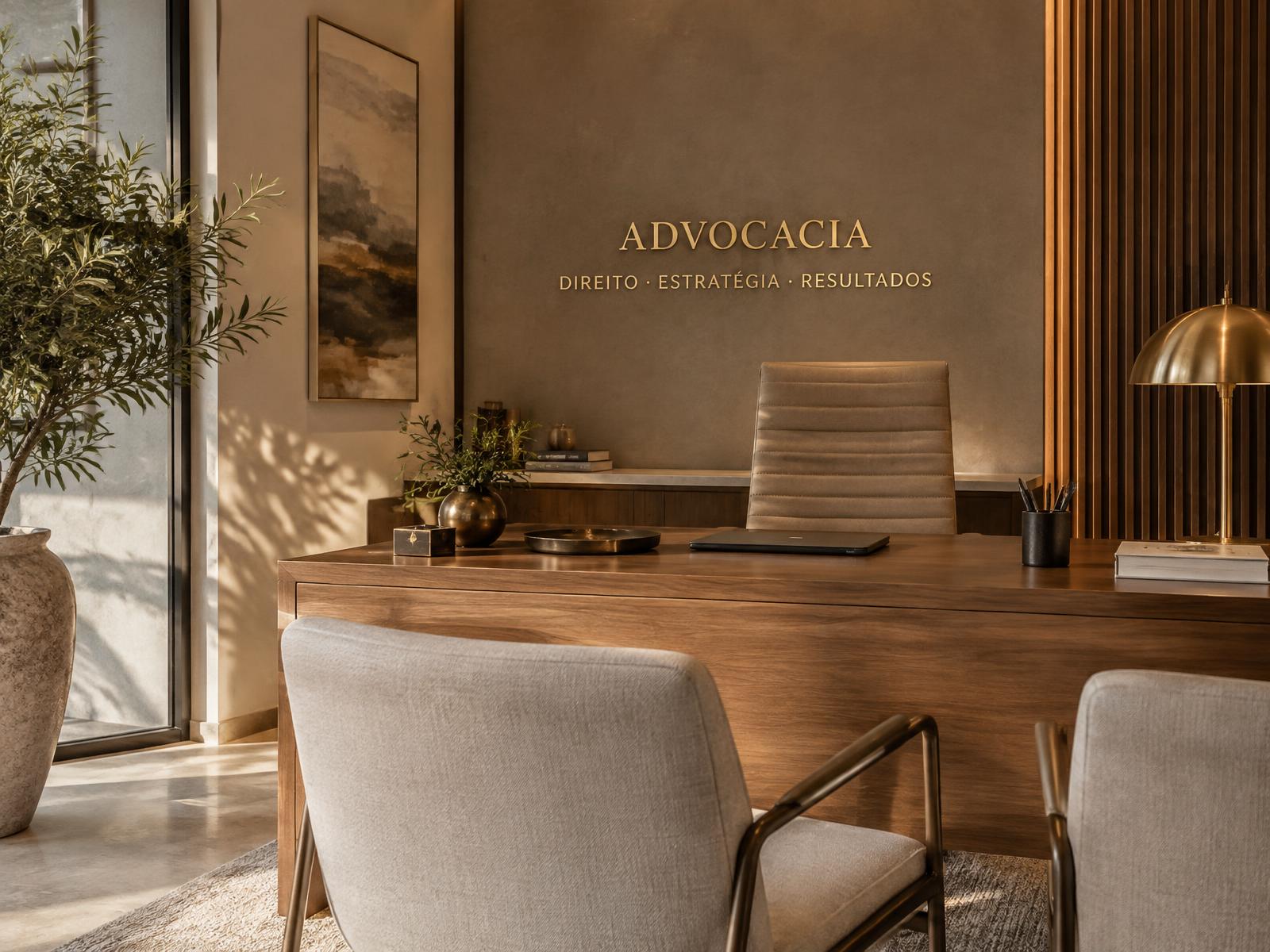 Ambiente de atendimento do escritório, com luz natural e mesa de reunião